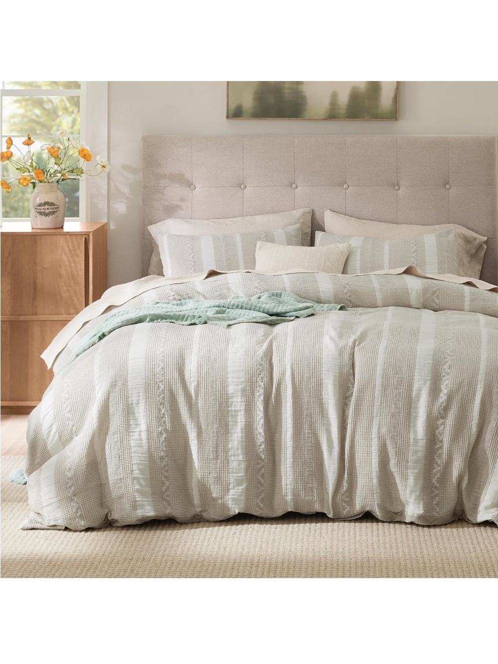 Bedsure PureWoven Boho Striped Cotton Waffle Duvet Cover Set, Queen, Linen